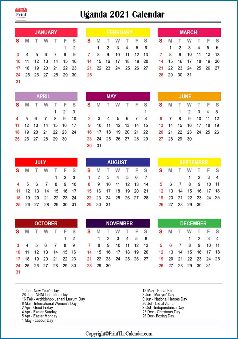 Uganda Printable Calendar 2021
